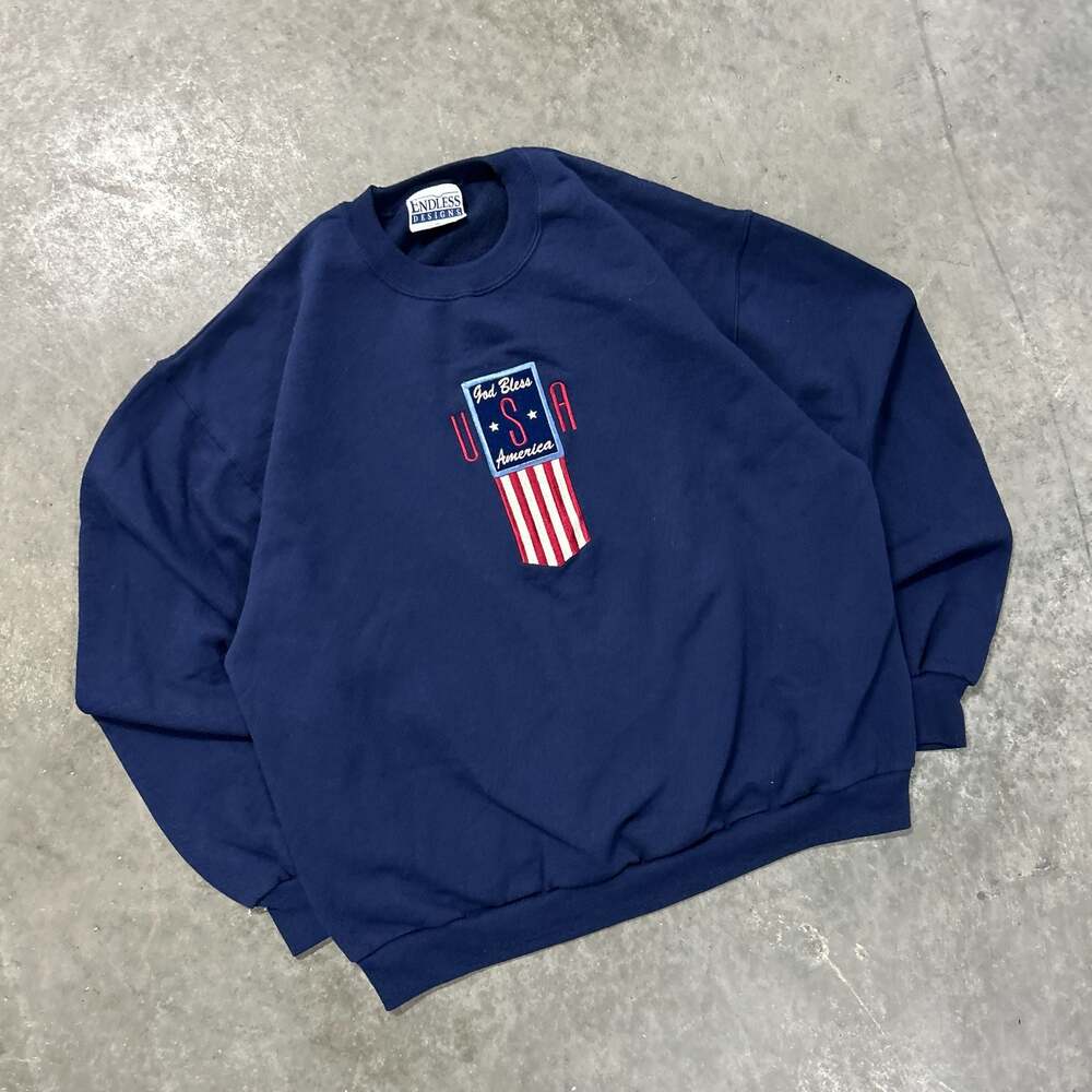 Vintage 90s Endless Designs God Bless America USA Embroidered Crewneck Pullover